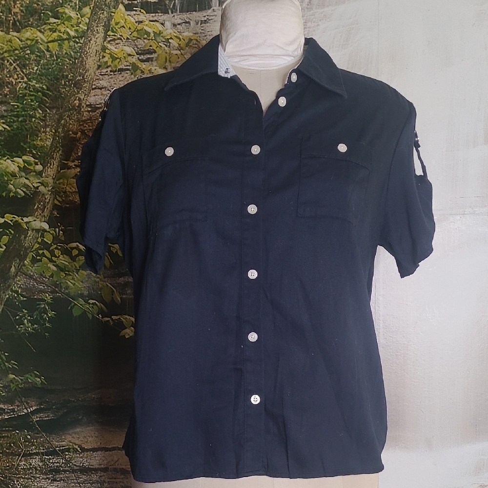 Tommy Hilfiger Womens 16 Navy Short Sleeve Button Down Shirt
